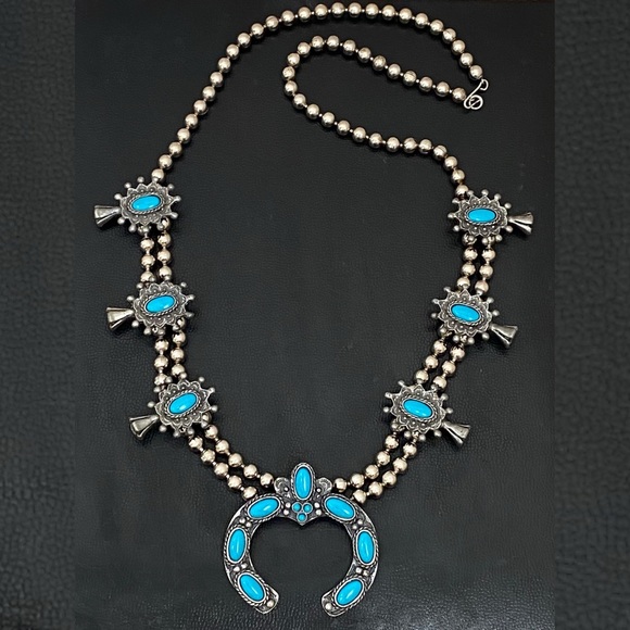 Vintage Faux Turquoise Silver-tone Ball Chain Squash Blossom Necklace 147.7g - Picture 5 of 14